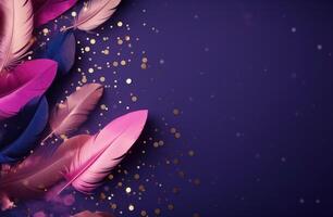 AI generated Purple feathers adorned with glitter, set against a backdrop of deep purple. photo