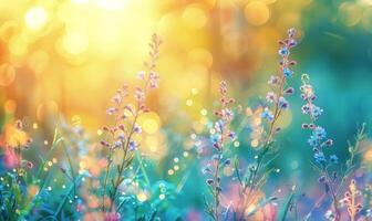 AI generated grassy bokeh sky with blue flowers photo