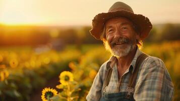 AI generated A happy farmer, surrounded by lush fields, beams with pride, symbolizing the hard work and bounty of the land photo