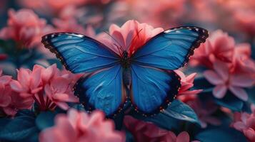 AI generated A stunning Morpho butterfly with vibrant blue wings resting on pink-violet flowers in a close-up macro shot in the springtime photo