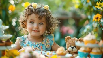 AI generated A charming, amusing toddler girl with curly hair is dressed in a colorful outfit photo