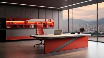 AI generated An exquisite, minimalist office design with a large window in orange style photo