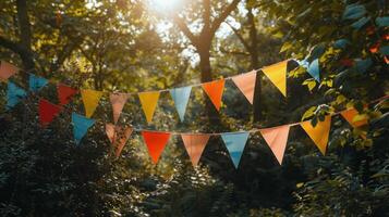 AI generated Bunting flags of various colors set against a backdrop of lush green trees photo