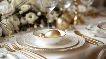 AI generated Festive Easter set table with white ceramic plates, ceramic golden eggs, golden forks and knives, flowers photo