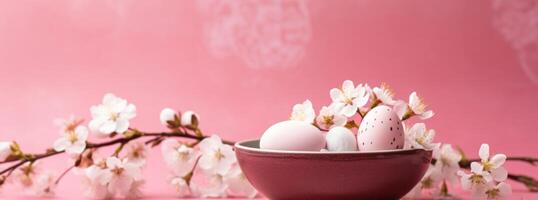 AI generated a cup with an easter egg sits on a pink background with flower flowers photo