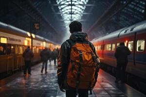 ai generado persona camina mediante el noche tren estación en un negro mochila foto