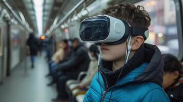 AI generated Boy in Virtual Reality on Subway photo