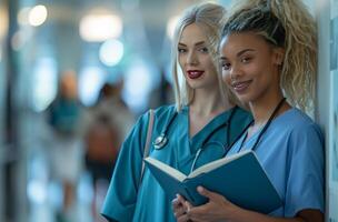 AI generated two nurses holding books and presenting their work to others photo