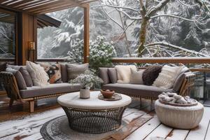 AI generated outdoor furniture on a snowy deck photo