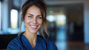 ai generado un compasivo enfermero, en matorrales, sonrisas calurosamente, representando cuidado y empatía en el cuidado de la salud profesión foto