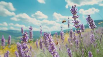 AI generated Bees buzzing around a cluster of fragrant lavender against a backdrop of azure skies and rolling hills photo