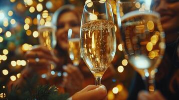 AI generated A close-up image captures champagne glasses in focus, as a stylishly dressed group of people celebrates the New Year together indoors photo