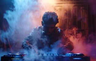 AI generated one of several djs mixing in an environment of smoke photo