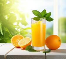 AI generated orange juice with water and leaf photo