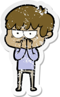 distressed sticker of a annoyed cartoon boy png