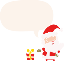 cartoon santa claus with present with speech bubble in retro style png