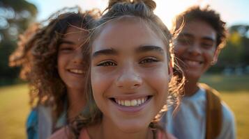 ai generado de cerca Disparo de preadolescente amigos sonriente a el cámara en un parque foto