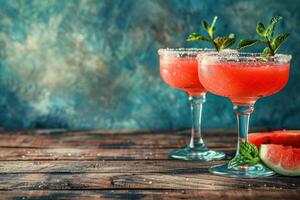 AI generated freshwatermelon cocktails with mint on wooden background photo