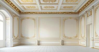 AI generated an empty room with white walls and gold ceilings photo