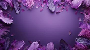 AI generated Purple background adorned with feathers, perfect for designs with ample space photo