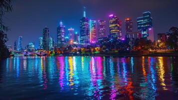 AI generated Vibrant city skyline at night, illuminated by a colorful array of lights and skyscrapers photo