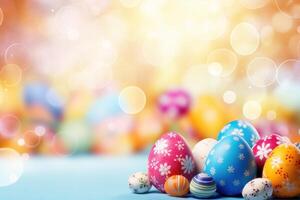 AI generated A festive Easter background, bursting with vibrant colors and cheerful patterns photo