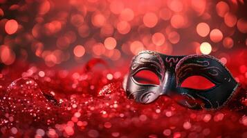 AI generated Venetian Masks on Red Glitter with Shiny Streamers Against Abstract Defocused Bokeh Lights. photo