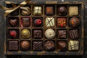 AI generated a box of different chocolates with gold ribbon and ribbons photo