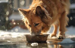 ai generado un perro comiendo desde un cuenco foto