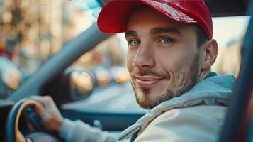 ai generado un joven hermoso chico en un rojo béisbol gorra se sienta detrás el rueda de un Deportes coche y mira dentro el cámara, sonriente foto