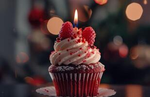 AI generated close up of a cupcake with a candle in the middle photo