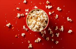 AI generated popcorn falling with small corn kernels in colorful bowl on red background photo