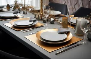 ai generado el mesa ajuste es conjunto con oro, gris y sitio ajustes para un cena foto