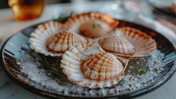 ai generado vieiras en conchas en un plato mentira en el mesa en un lujo pescado restaurante foto