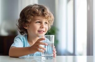 ai generado niño Bebiendo desde un vaso de agua foto