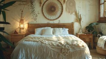 AI generated A wicker dreamcatcher hangs over a wooden bed with a white crocheted bedspread in boho style photo