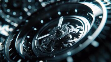 AI generated A macro shot of the gears inside a watch, showcasing the complexity behind time's simple facade. photo