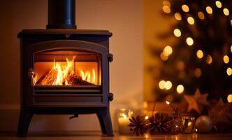 AI generated a log stove with fire burning at the front photo