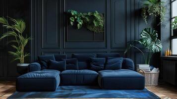 ai generado hermosa moderno vivo habitación en desván estilo en oscuro azul y negro tonos foto