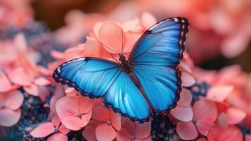 AI generated A stunning Morpho butterfly with vibrant blue wings resting on pink-violet flowers in a close-up macro shot in the springtime photo