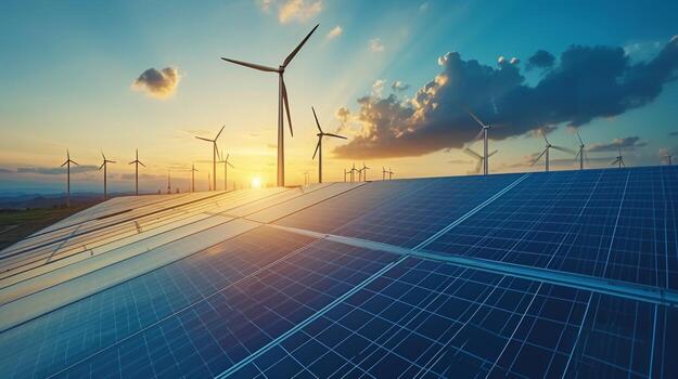 ai generado próxima generación renovable energía soluciones tal como solar paneles y viento turbinas aprovechando limpiar energía fuentes para un sostenible futuro foto