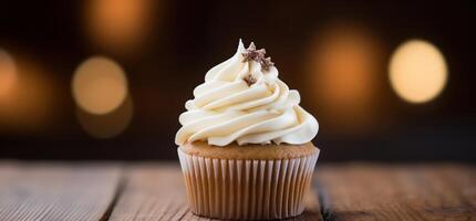 AI generated white cupcake with cupcake top on wooden surface photo