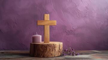 AI generated a wooden cross with a candle on a wooden base in front of purple wall photo