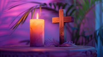 AI generated a picture of a wooden cross and a candle is next to a purple background photo