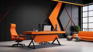 AI generated An exquisite, minimalist office design with a large window in orange style photo