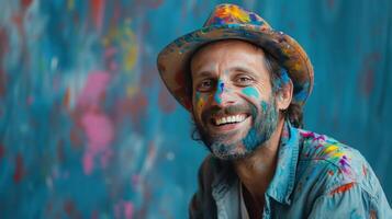 AI generated A skilled artist, covered in paint, smiles with satisfaction, showcasing creativity and expression through his work photo