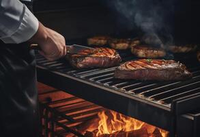 ai generado cocinero preparando un asado en el parrilla foto