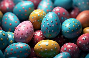 ai generado muchos vistoso decorado Pascua de Resurrección huevos son sentado en un azul superficie foto