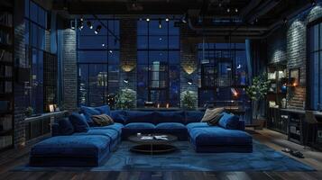 AI generated Beautiful modern living room in LOFT style in dark blue and black tones photo