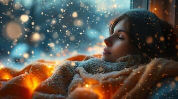 AI generated A radiant young woman, cocooned in a cozy blanket, gazes peacefully out the window at swirling snowflakes photo